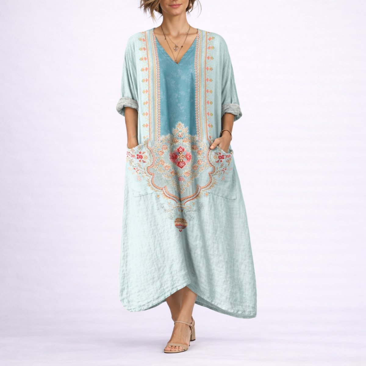Women's Boho Paisley Maxi Fall Wedding Guest Dress Kaftan - Green & Blue