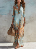 Women's Boho Paisley Print Button-Down Maxi Midi Dress - Light Blue