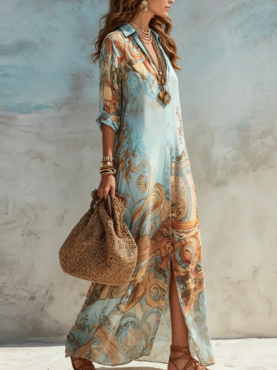 Women's Boho Paisley Print Button-Down Maxi Midi Dress