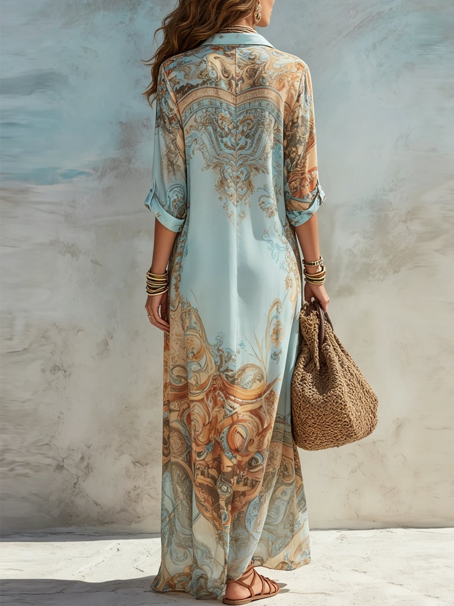 Women's Boho Paisley Print Button-Down Maxi Midi Dress