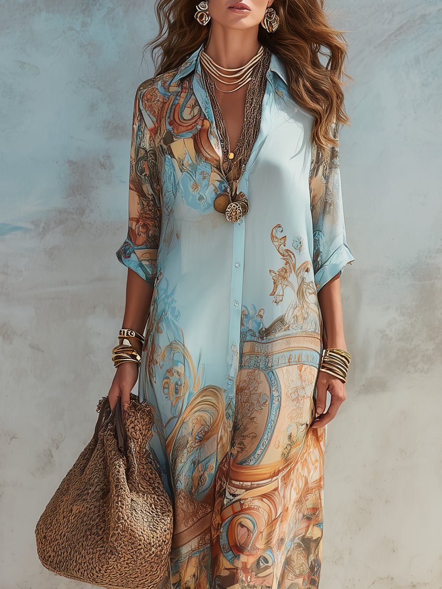 Women's Boho Paisley Print Button-Down Maxi Midi Dress
