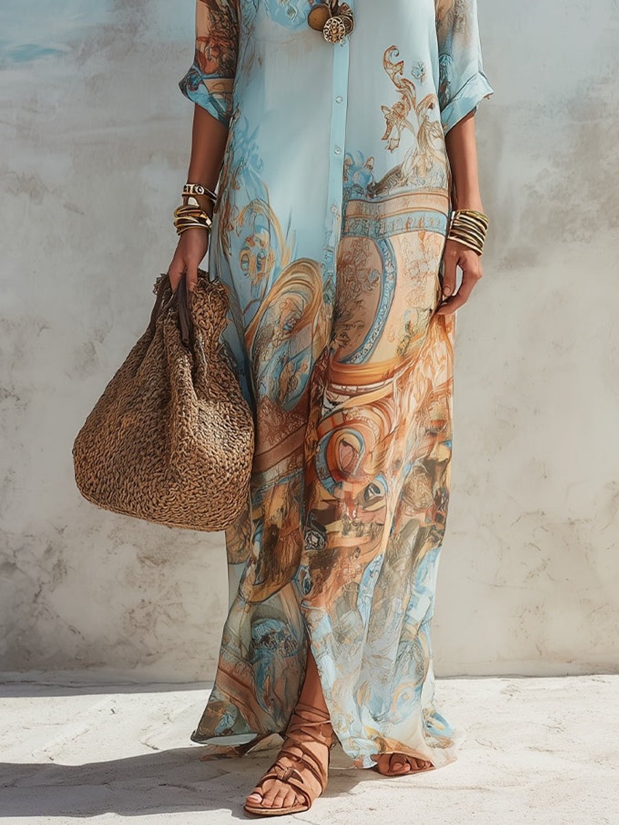 Women's Boho Paisley Print Button-Down Maxi Midi Dress