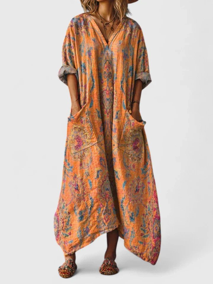 Women's Boho Paisley Print Cotton Front-Pocket Maxi Dress - Orange