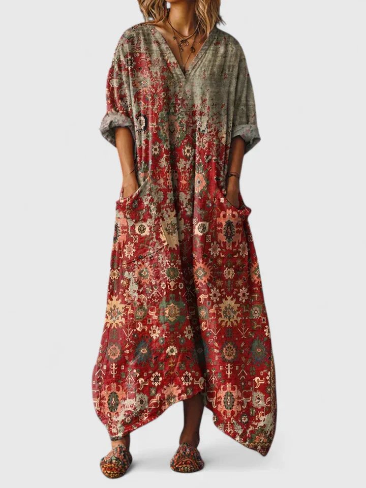 Women's Boho Paisley Print Cotton Front-Pocket Maxi Dress - Red