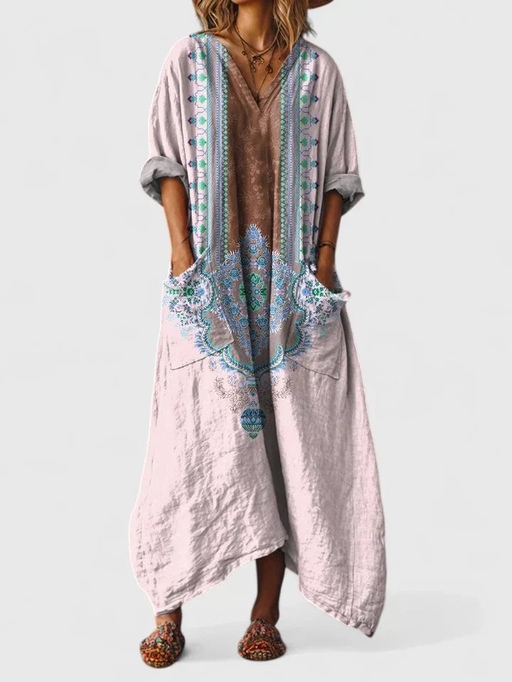 Women's Boho Paisley Print Cotton Front-Pocket Maxi Dress - Light Pink