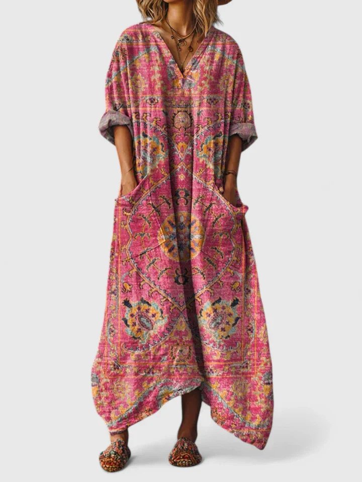 Women's Boho Paisley Print Cotton Front-Pocket Maxi Dress - Dark Pink