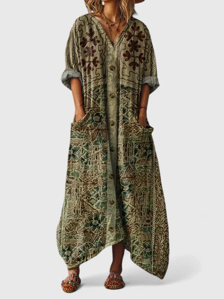 Women's Boho Paisley Print Cotton Front-Pocket Maxi Dress - Olive Green