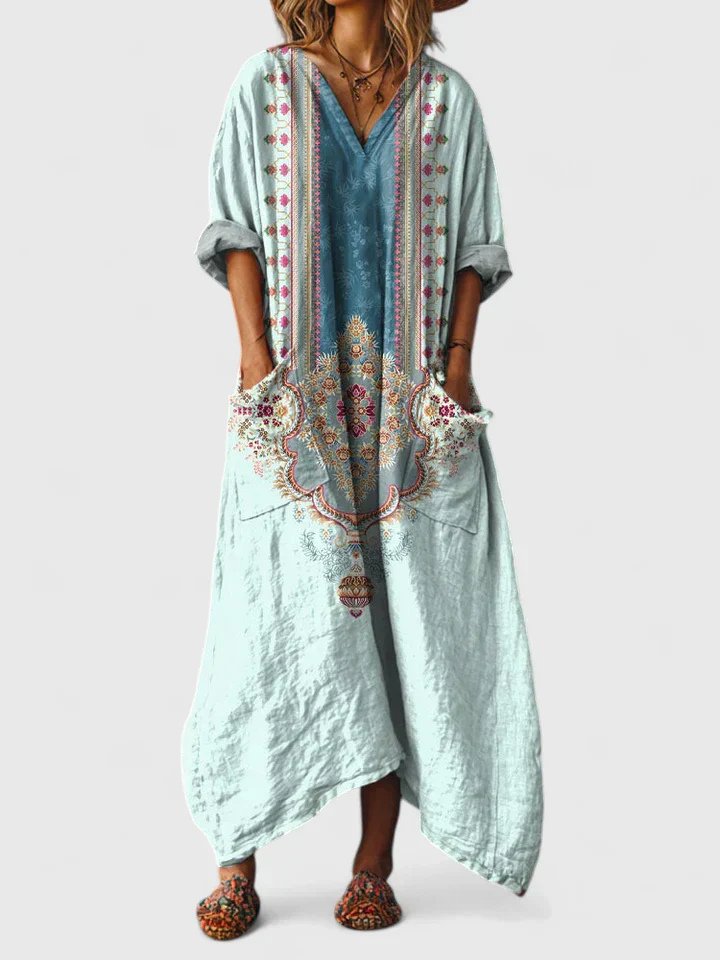 Women's Boho Paisley Print Cotton Front-Pocket Maxi Dress - Powder Blue