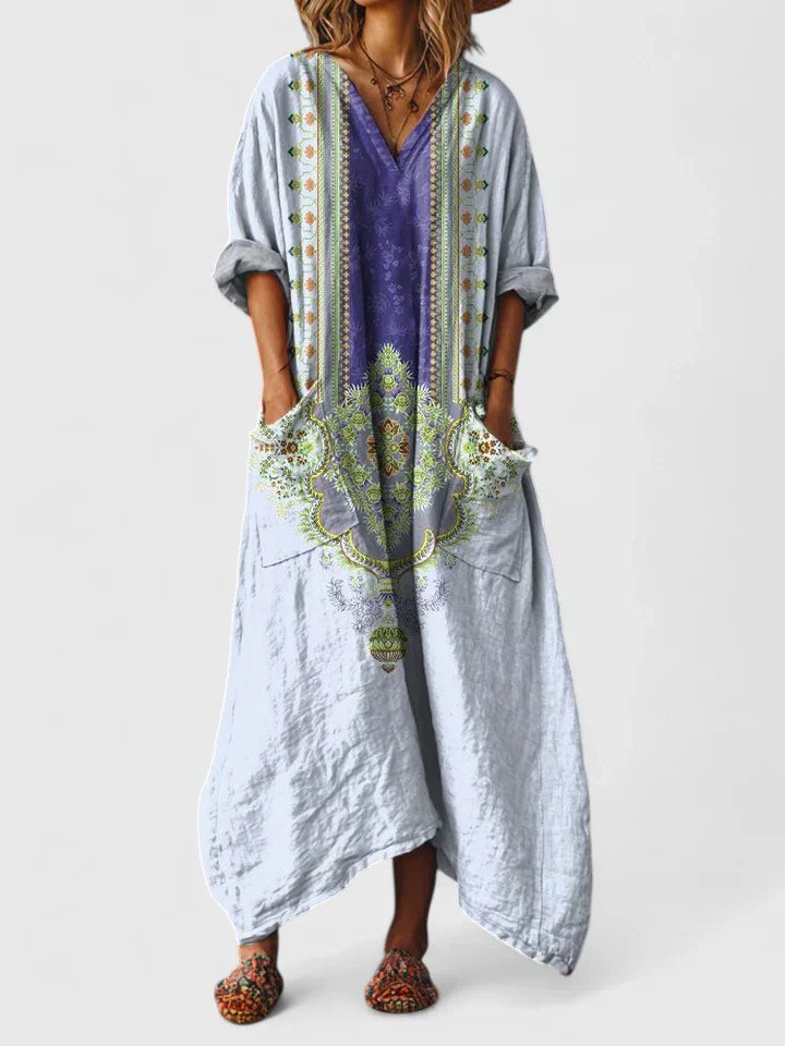 Women's Boho Paisley Print Cotton Front-Pocket Maxi Dress - Light Blue
