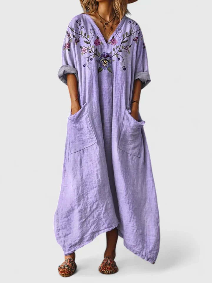 Women's Boho Paisley Print Cotton Front-Pocket Maxi Dress - Purple