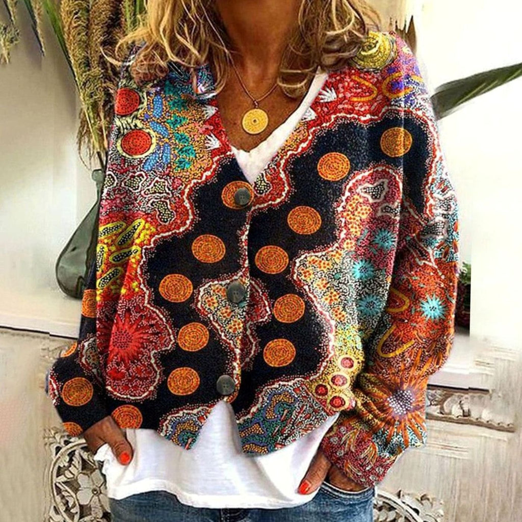 Women's Boho Printed Button-Front Long-Sleeve Knit Sweater - 1
