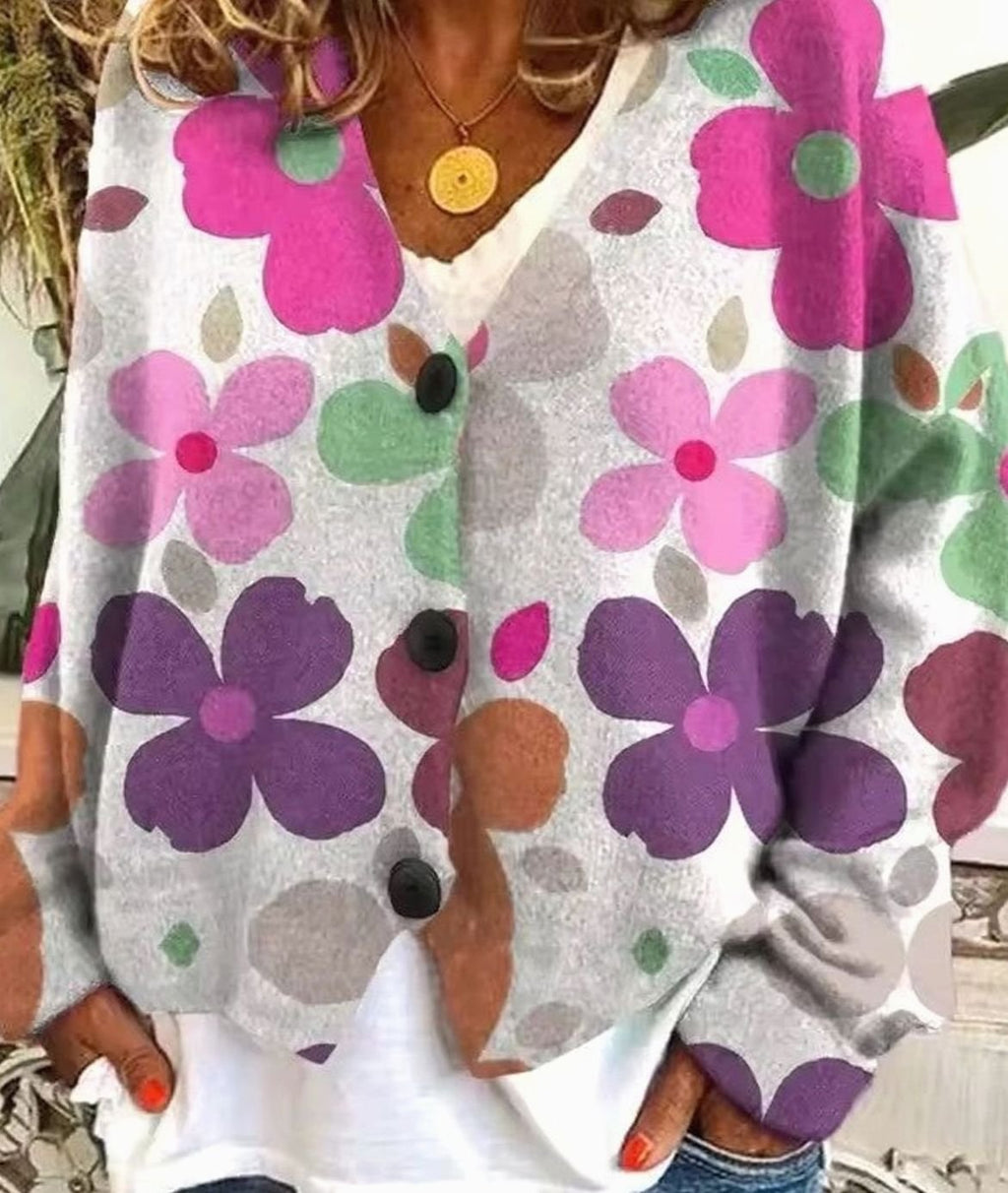 Women's Boho Printed Button-Front Long-Sleeve Knit Sweater - 2