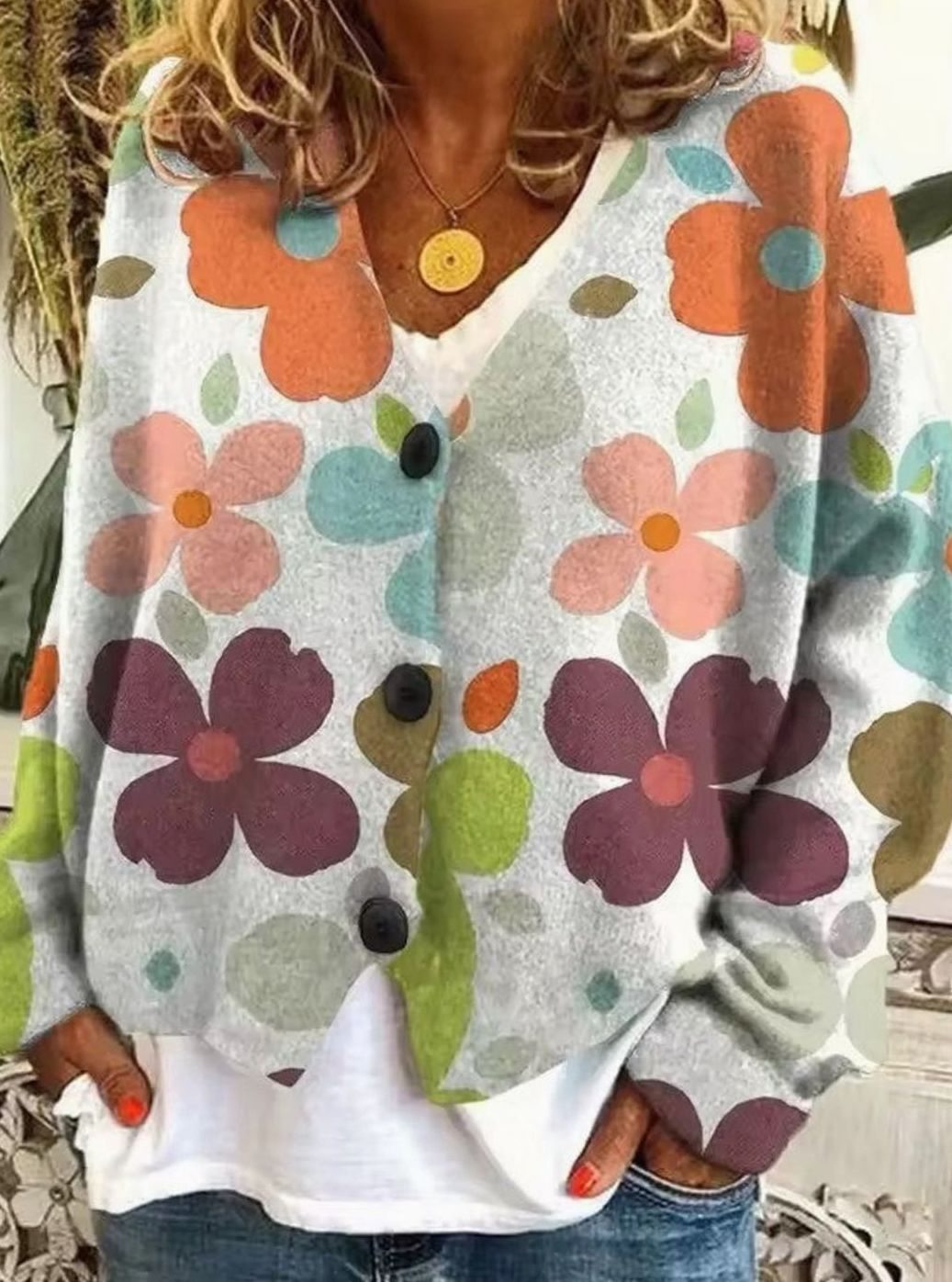Women's Boho Printed Button-Front Long-Sleeve Knit Sweater - 3