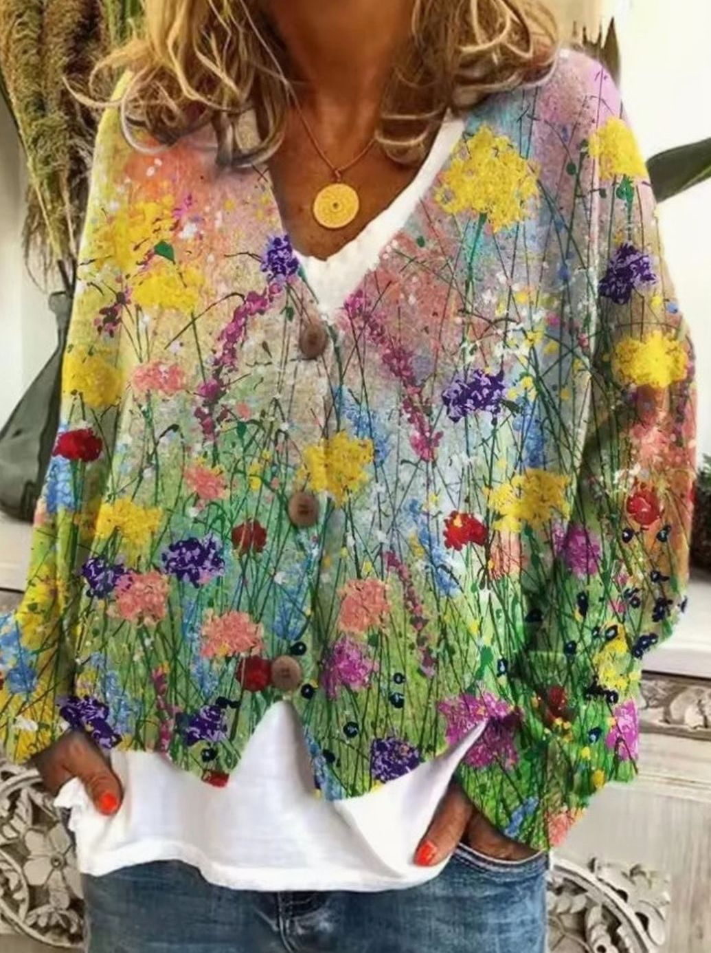 Women's Boho Printed Button-Front Long-Sleeve Knit Sweater - 4