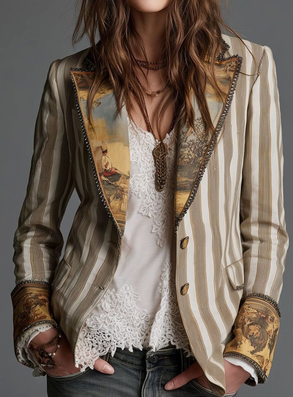 Women's Boho Striped Tapestry Lapel Long Sleeve Blazer - Khaki