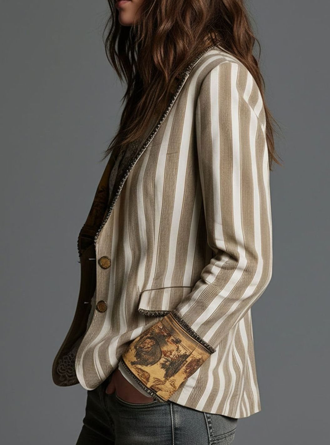 Women's Boho Striped Tapestry Lapel Long Sleeve Blazer