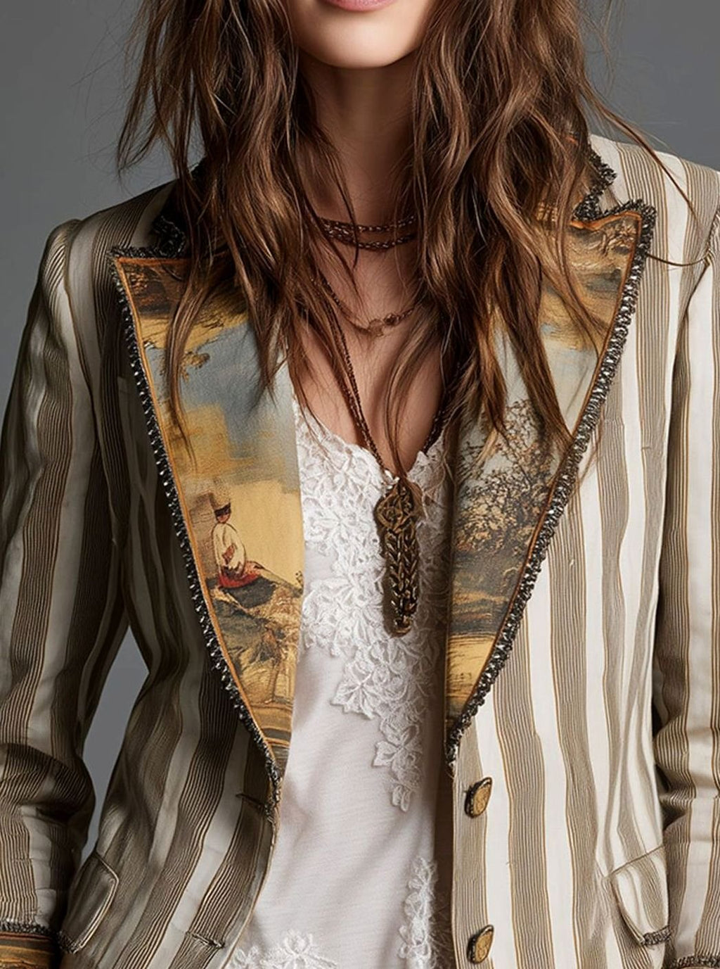Women's Boho Striped Tapestry Lapel Long Sleeve Blazer