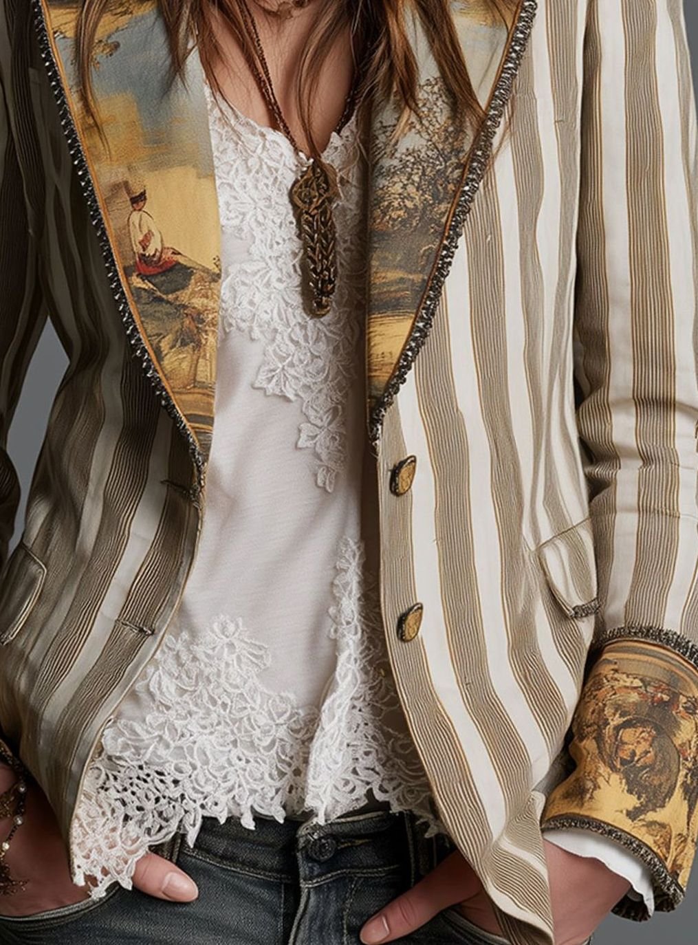 Women's Boho Striped Tapestry Lapel Long Sleeve Blazer
