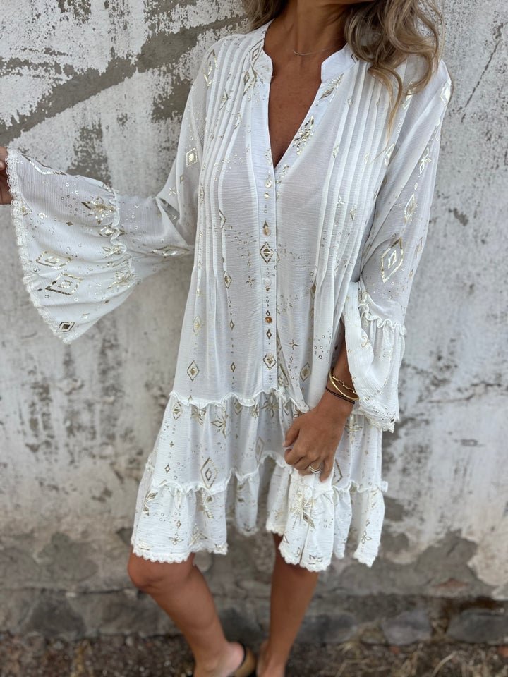 Women's Boho Tiered Button-Front Dress with Gold Accents - White