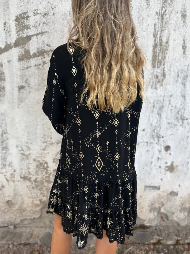 Women's Boho Tiered Button-Front Dress with Gold Accents