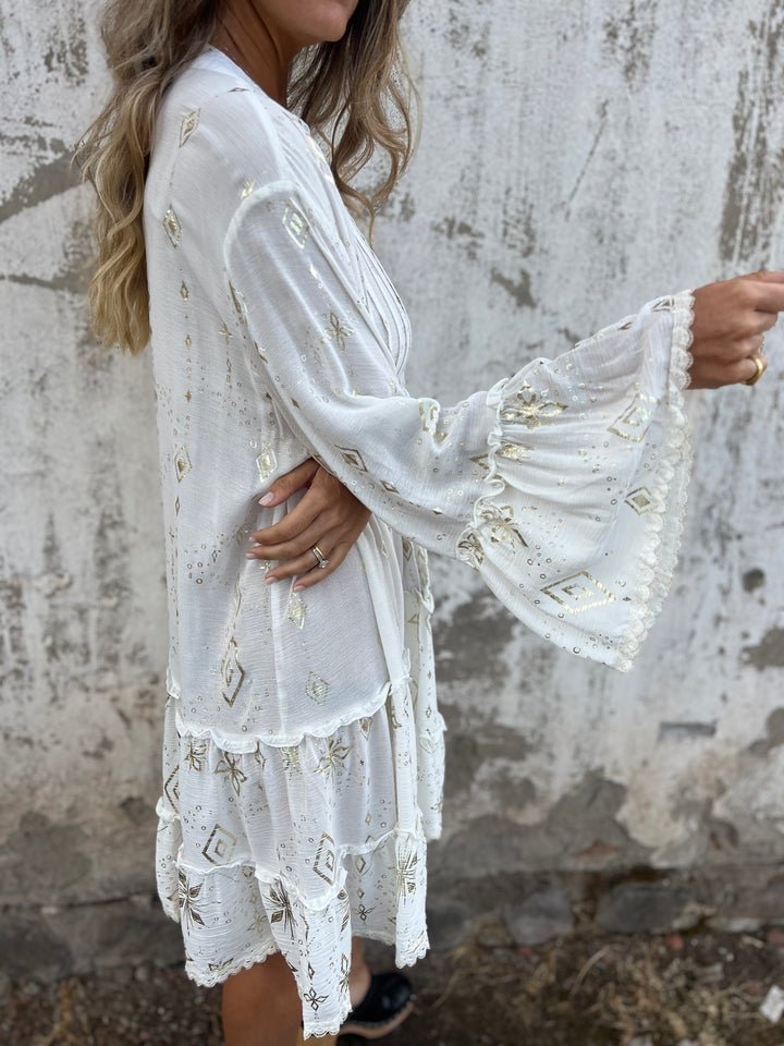 Women's Boho Tiered Button-Front Dress with Gold Accents