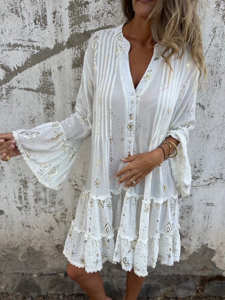 Women's Boho Tiered Button-Front Dress with Gold Accents