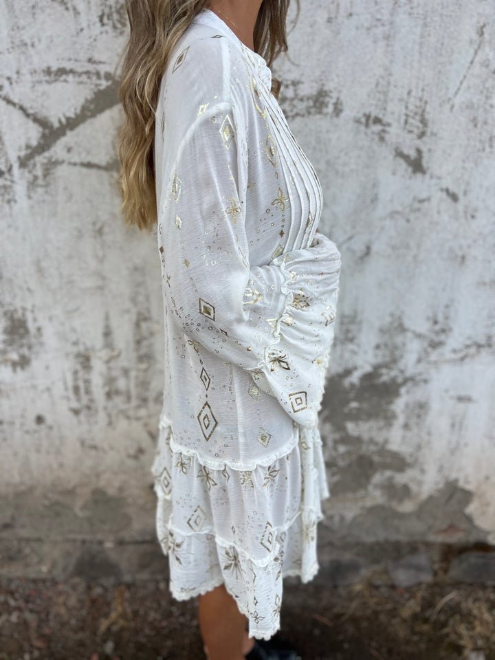 Women's Boho Tiered Button-Front Dress with Gold Accents