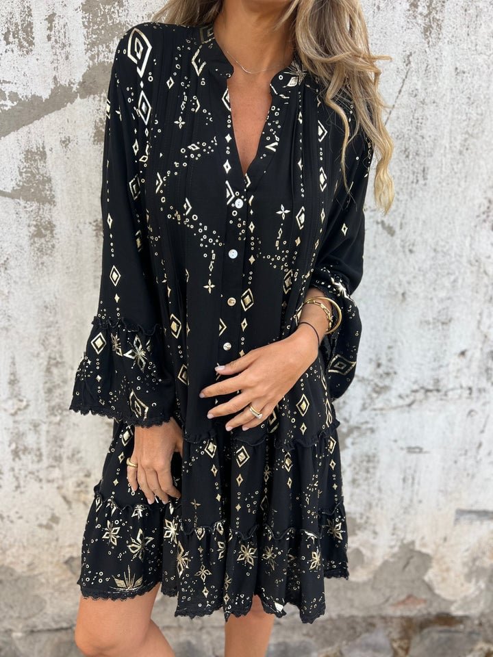 Women's Boho Tiered Button-Front Dress with Gold Accents - Black