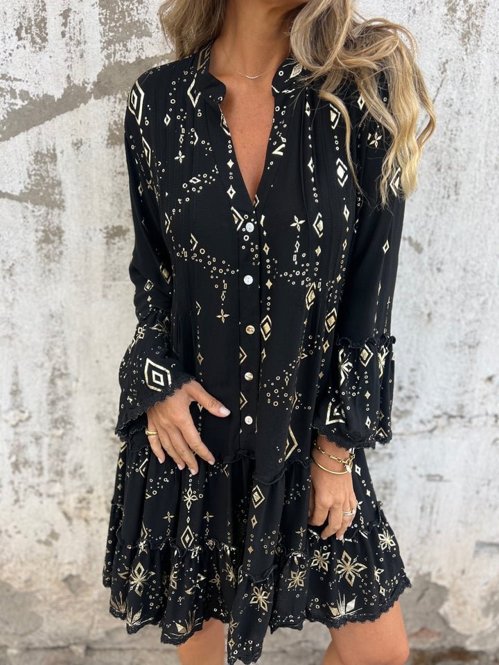 Women's Boho Tiered Button-Front Dress with Gold Accents