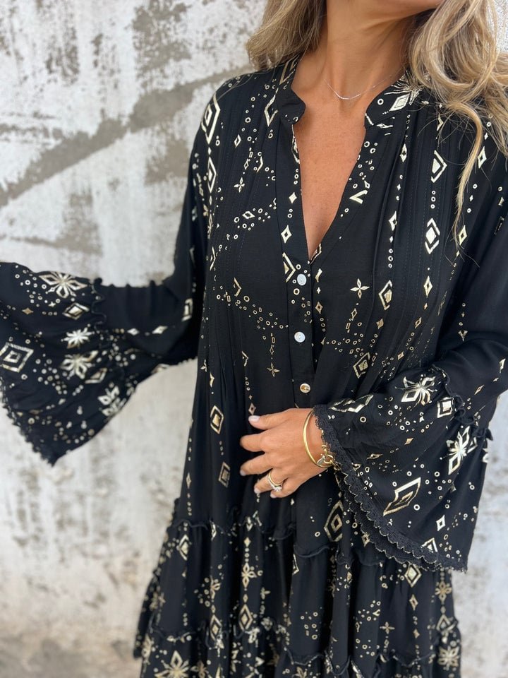 Women's Boho Tiered Button-Front Dress with Gold Accents