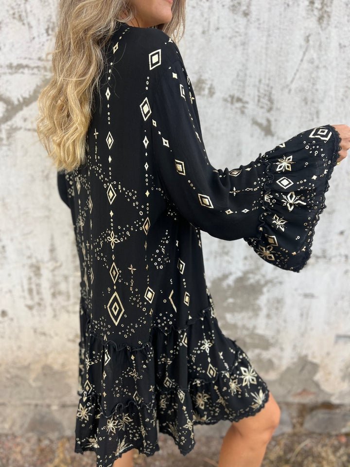 Women's Boho Tiered Button-Front Dress with Gold Accents