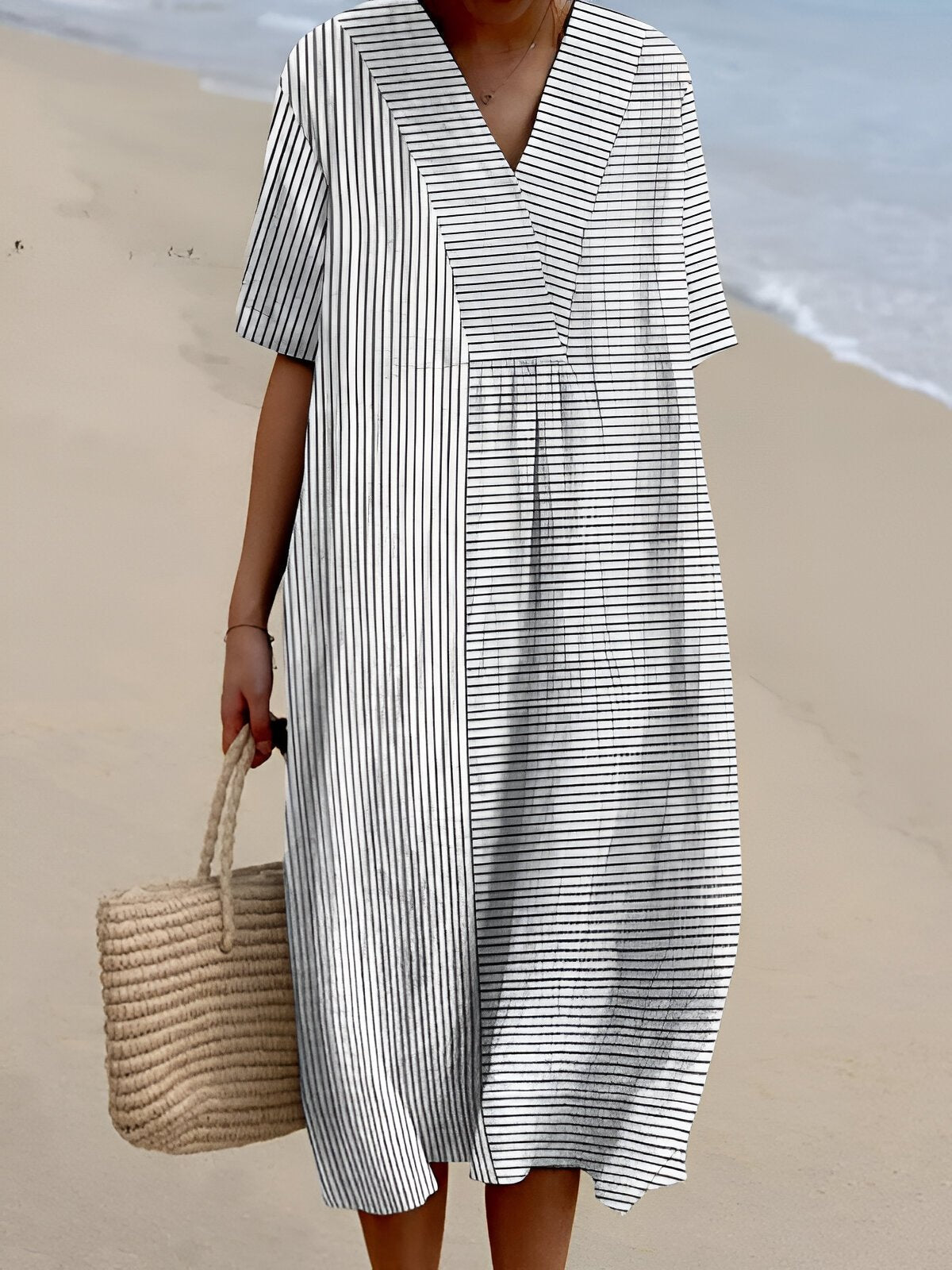 Women's Boho V-Neck Short-Sleeve Midi Dress - Stripe White