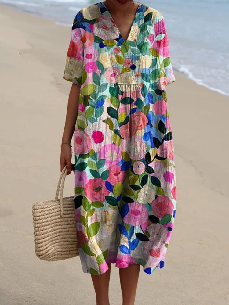 Women's Boho V-Neck Short-Sleeve Midi Dress - Colorful