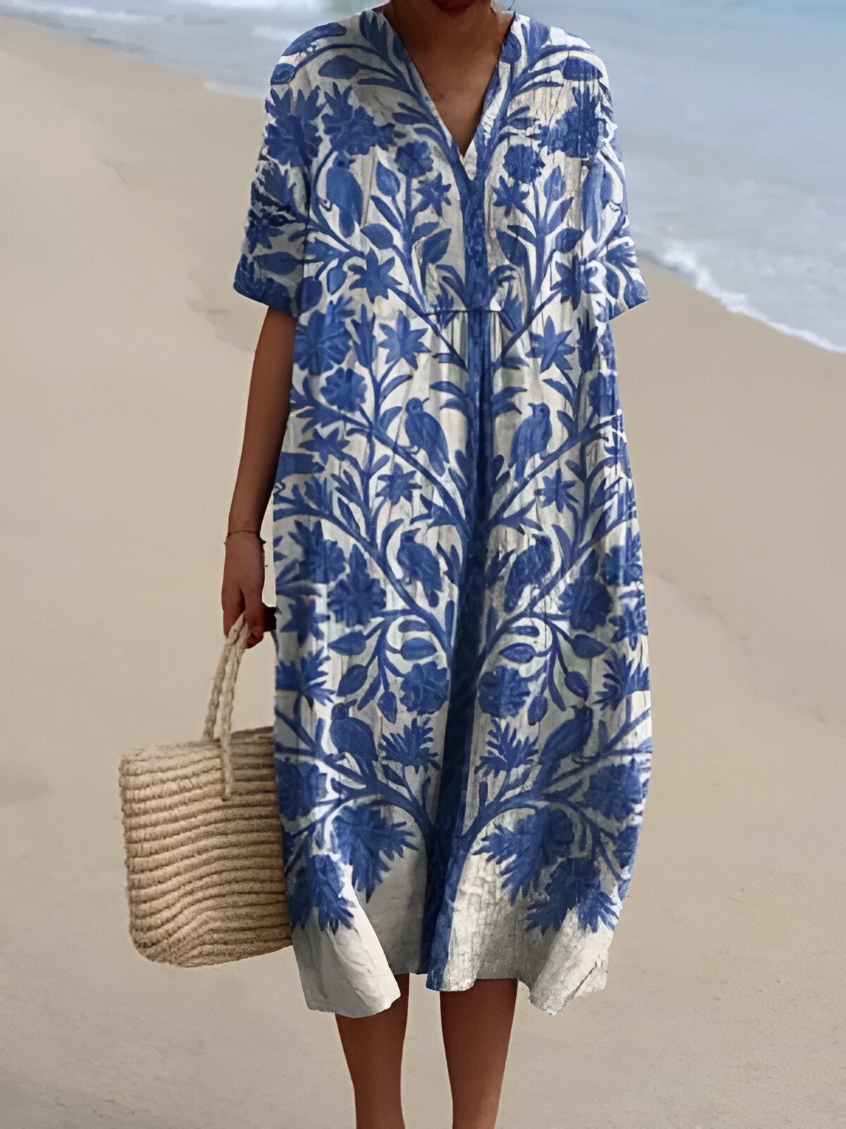 Women's Boho V-Neck Short-Sleeve Midi Dress - Blue