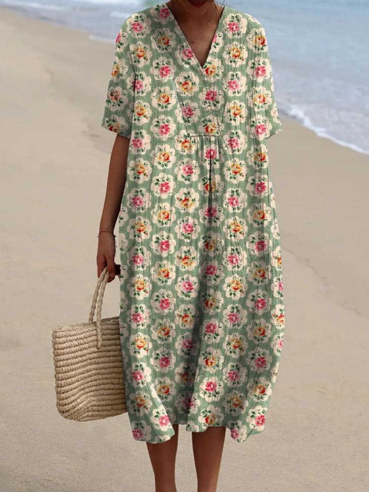 Women's Boho V-Neck Short-Sleeve Midi Dress - Floral Green