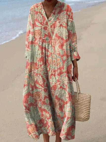 Women's Boho V-Neck Short-Sleeve Midi Dress - Floral Orange