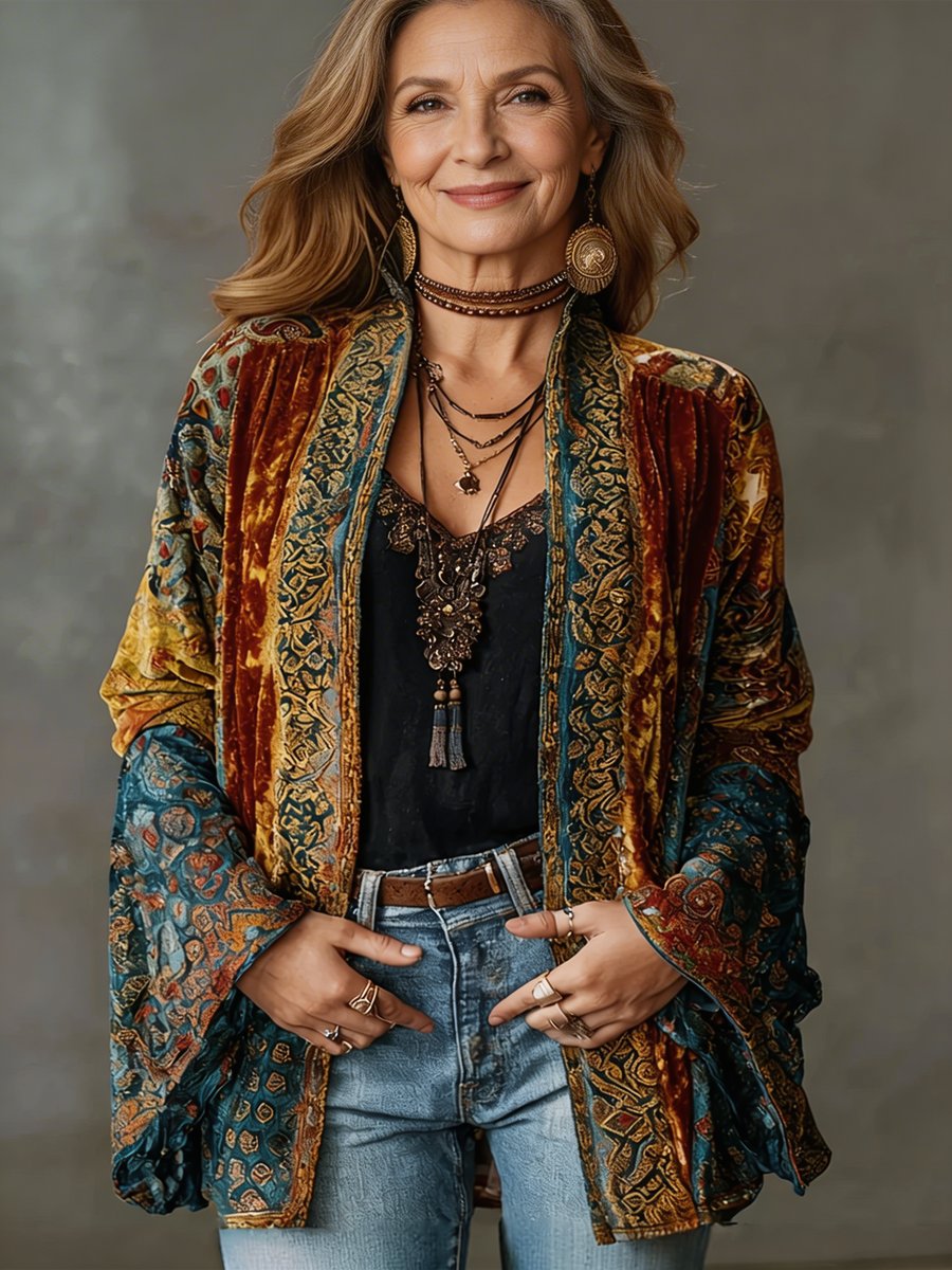 Women's Boho Vintage Quilted Jacket Loose Open-Front Kimono