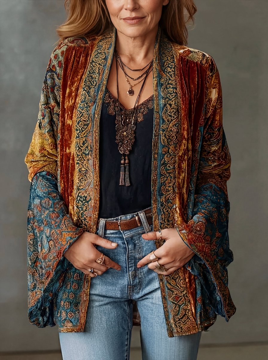 Women's Boho Vintage Quilted Jacket Loose Open-Front Kimono