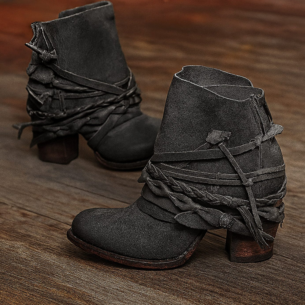 Women's Boho Western Wraparound Strap Block-Heel Ankle Boots - Gray