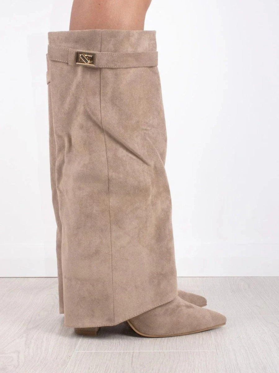 Women's Boots Black Suede Fold-Over Gold Clasp Knee-High - Beige