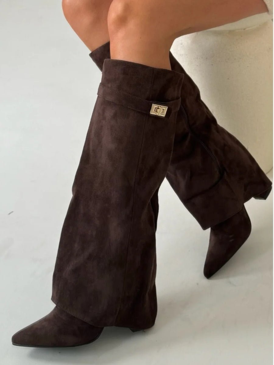 Women's Boots Black Suede Fold-Over Gold Clasp Knee-High
