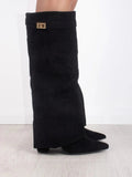 Women's Boots Black Suede Fold-Over Gold Clasp Knee-High - Black