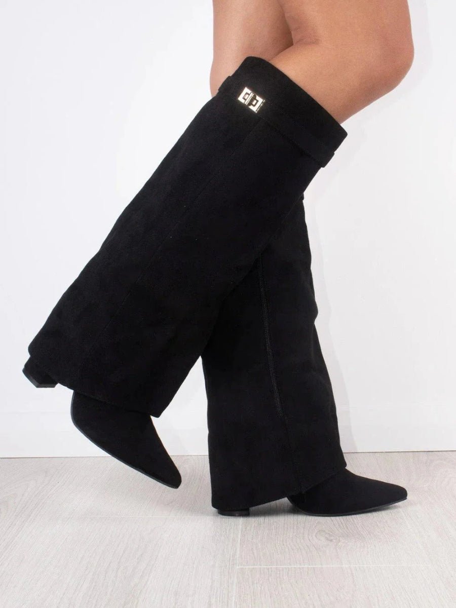 Women's Boots Black Suede Fold-Over Gold Clasp Knee-High