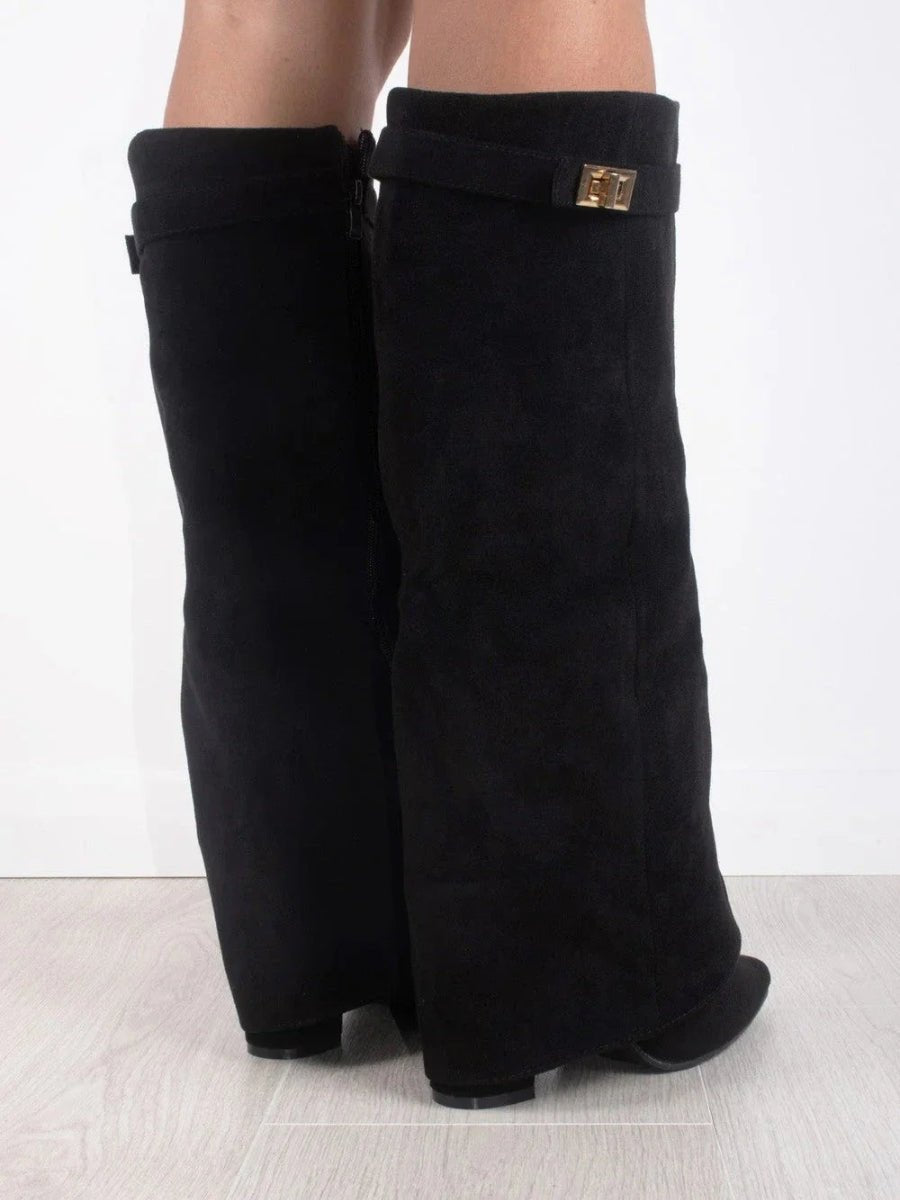 Women's Boots Black Suede Fold-Over Gold Clasp Knee-High