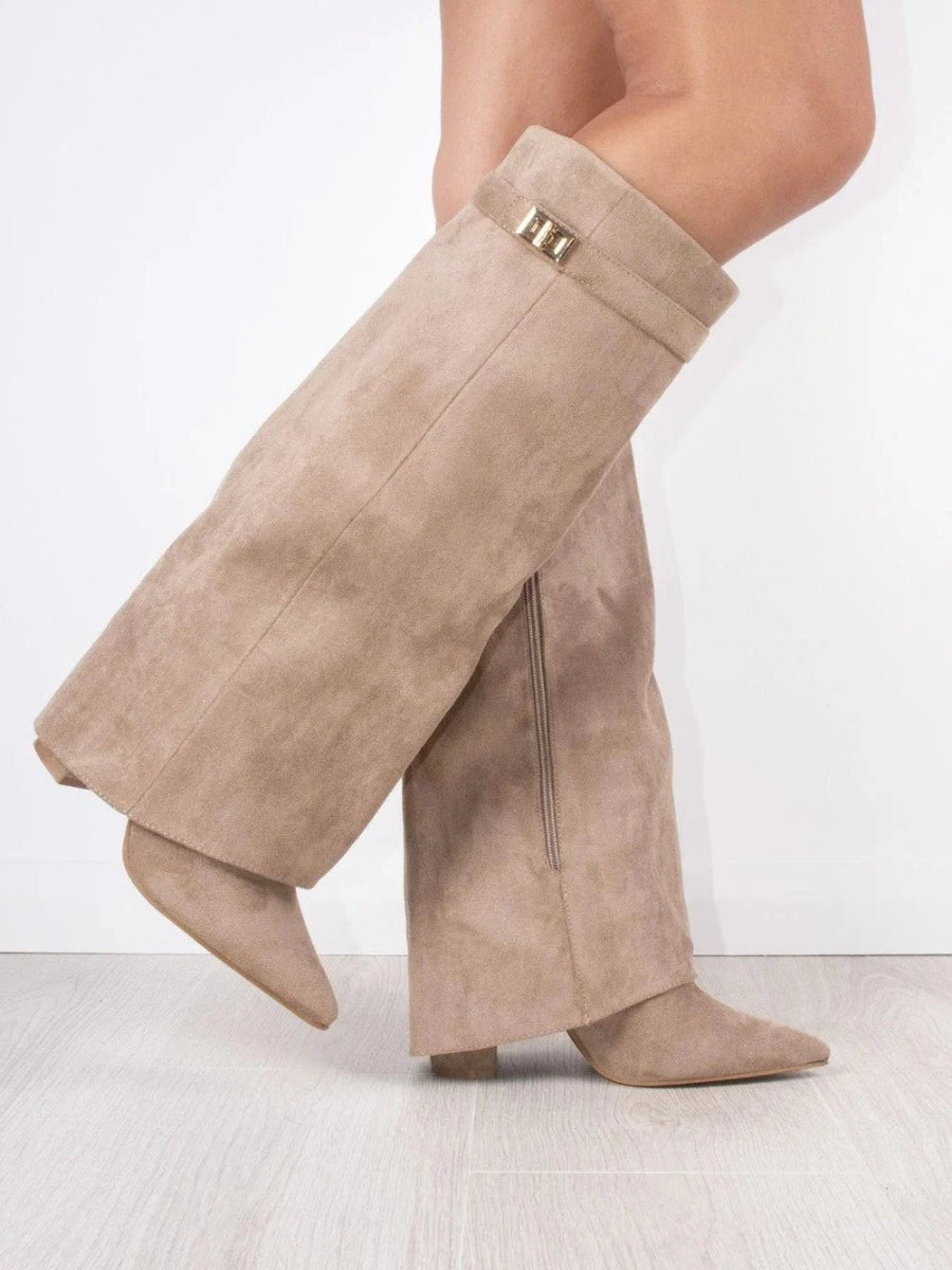 Women's Boots Black Suede Fold-Over Gold Clasp Knee-High