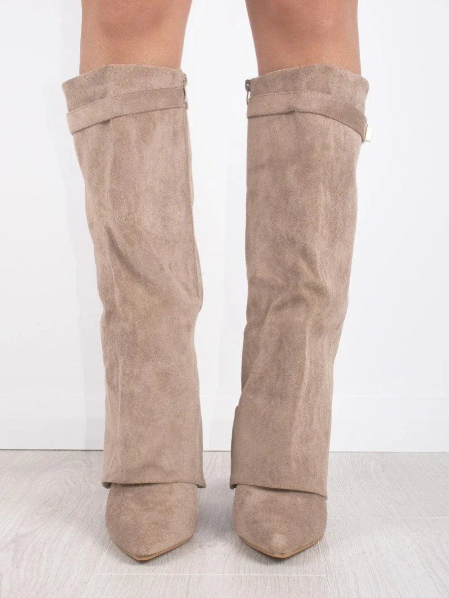 Women's Boots Black Suede Fold-Over Gold Clasp Knee-High