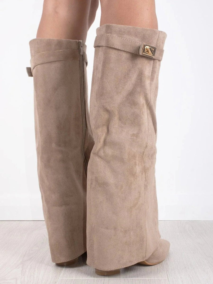 Women's Boots Black Suede Fold-Over Gold Clasp Knee-High