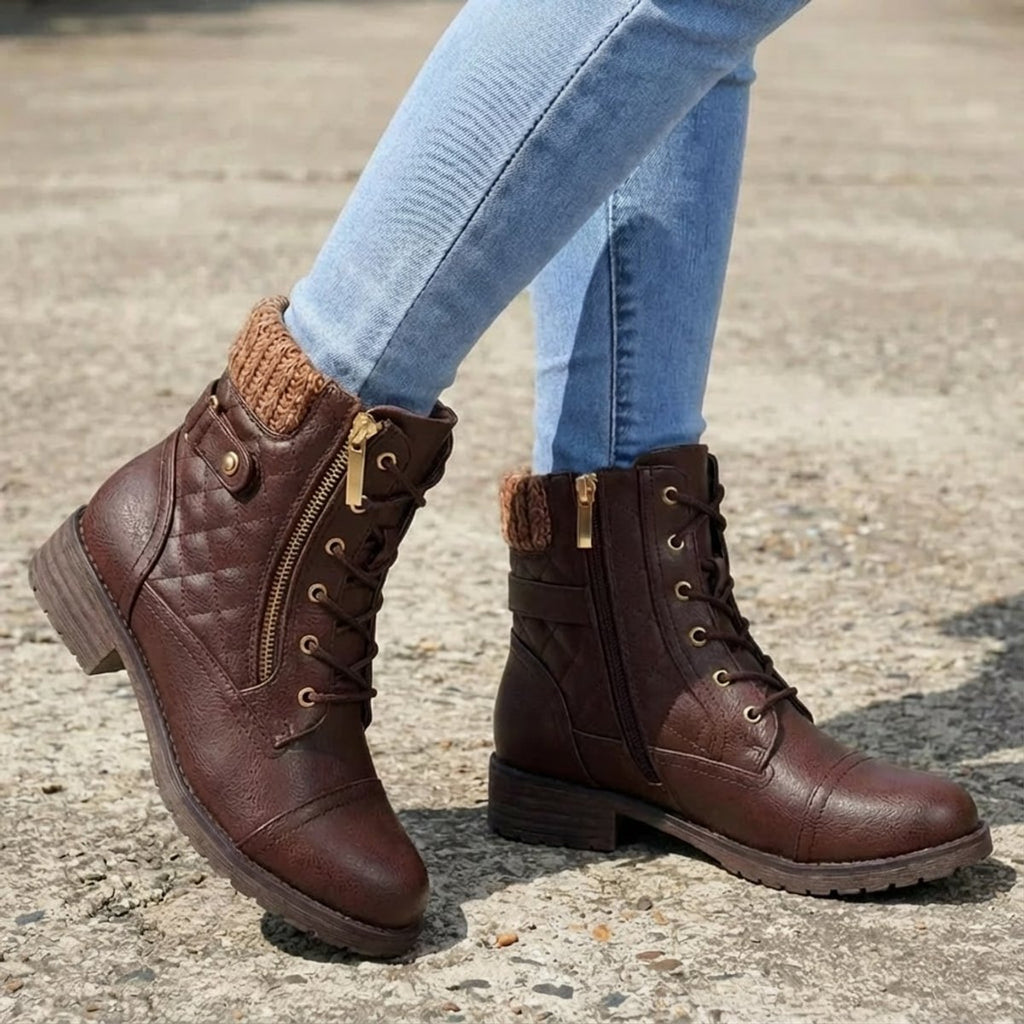 Women's Boots Quilted Faux Leather Lace-Up Side Zip Ankle Booties