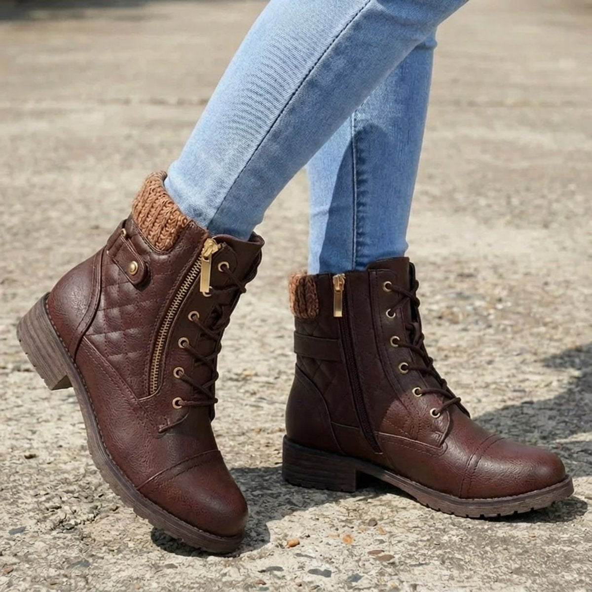 Women's Boots Quilted Faux Leather Lace-Up Side Zip Ankle Booties