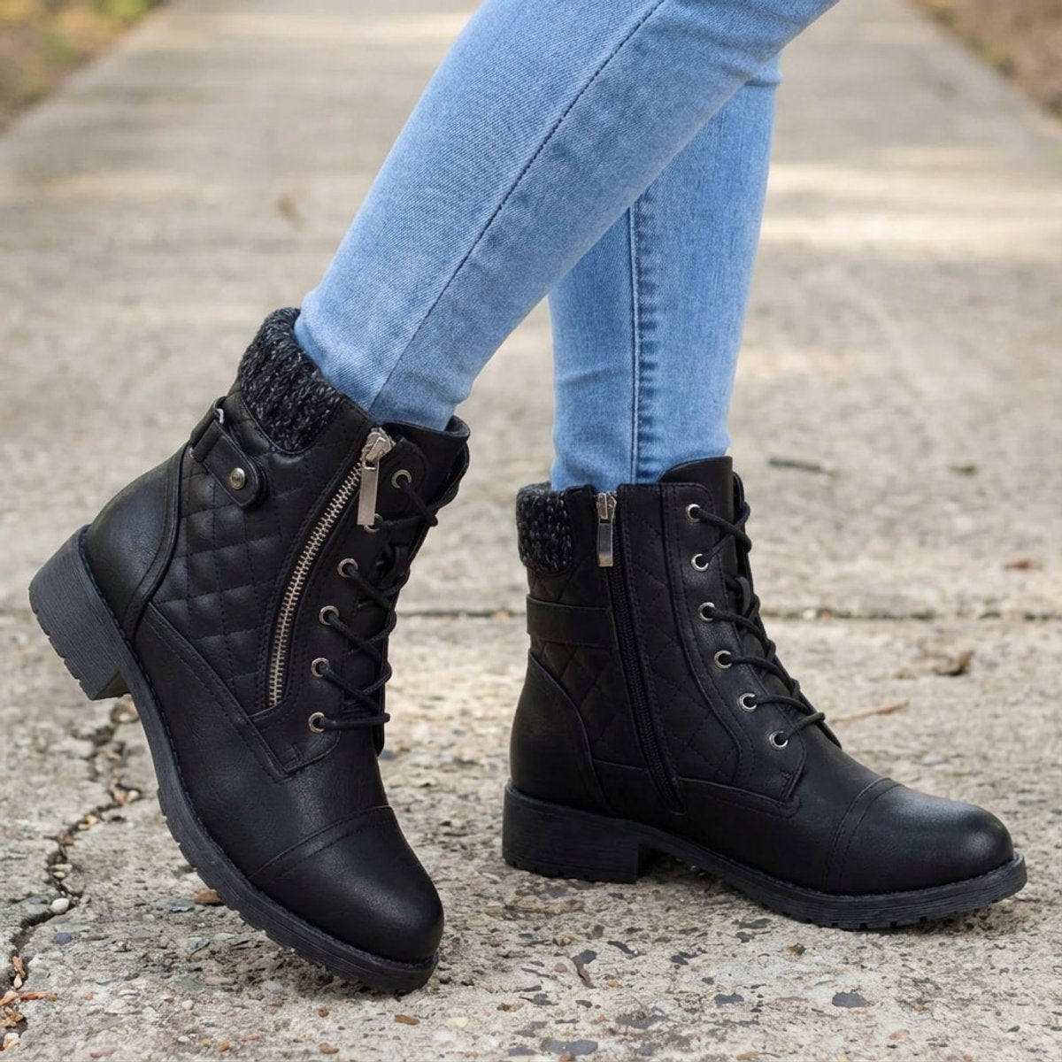 Women's Boots Quilted Faux Leather Lace-Up Side Zip Ankle Booties - Black